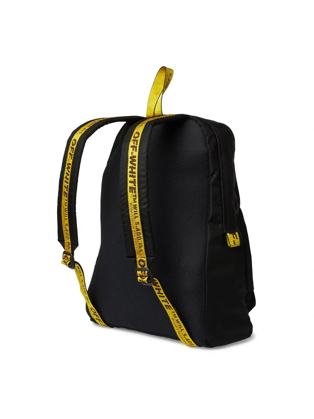 Off-White Black Backpack with White Arrow Graphic and Yellow Straps